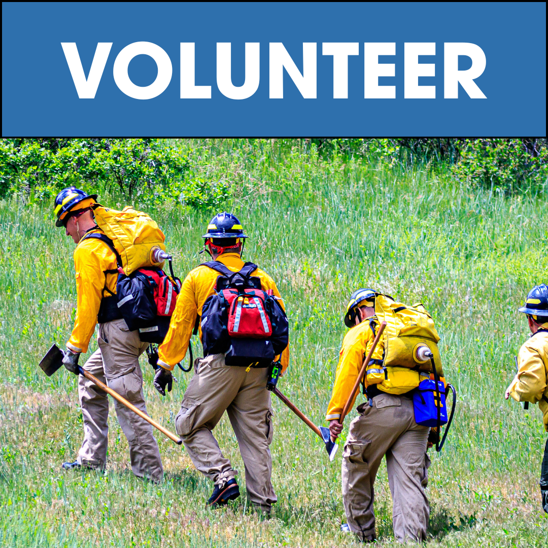 Image of wildland firefighters walking in grass with text \"Volunteer\"